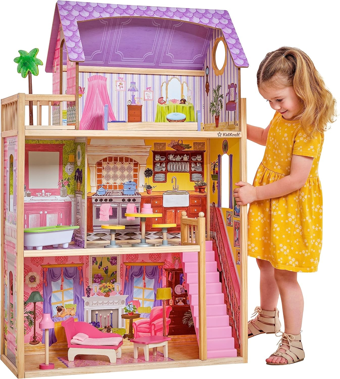 KidKraft Kayla dřevěný domeček pro panenky s nábytkem a doplňky, 3patrová herní sada pro 30cm panenku, hračka pro děti od 3 let, 65092 – exkluzivně na Amazonu