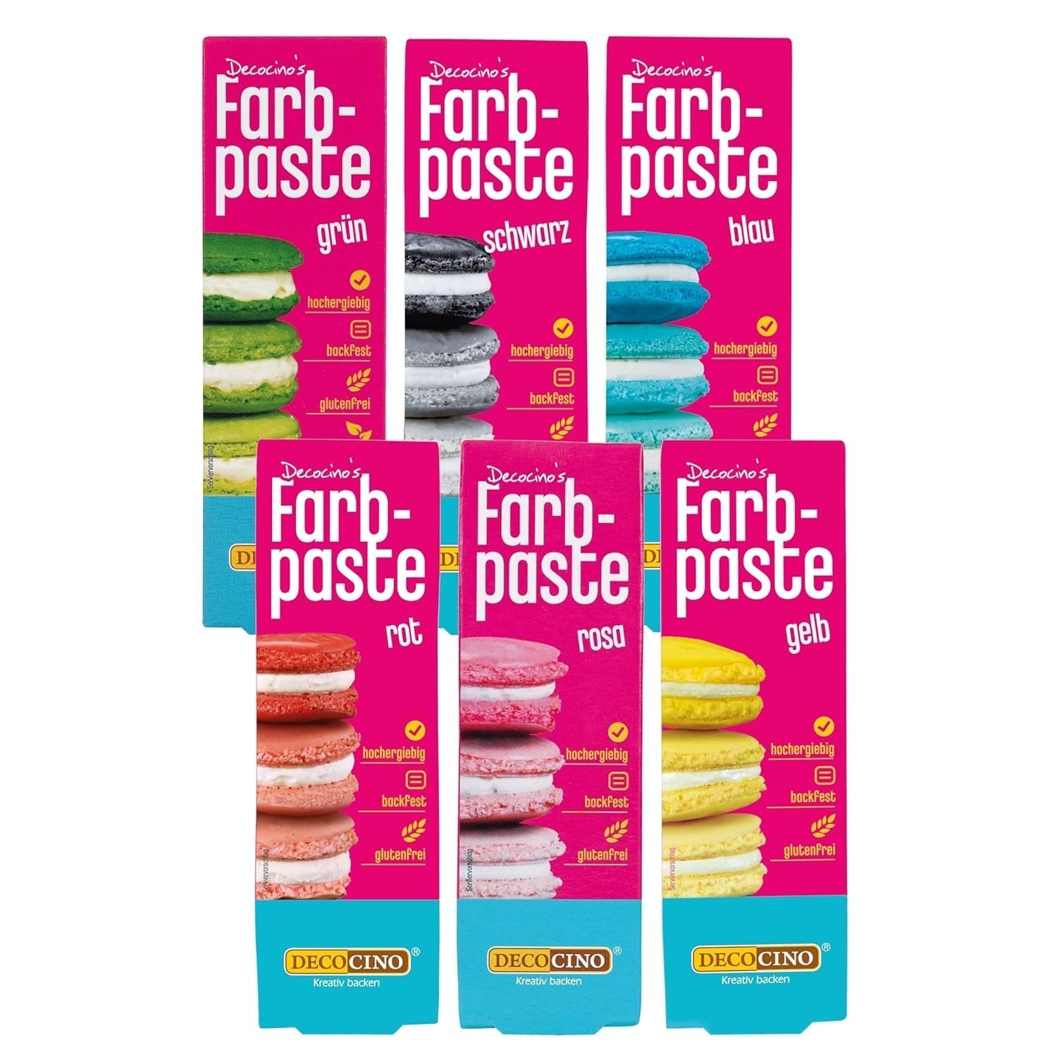 Sada 6 barevných past Decocino - 6 x 20 g - Potravinářské barvivo v červené, růžové, zelené, žluté, modré a černé barvě, ideální pro barvení dortů, fondánu a krémů - Bez azo a bez lepku