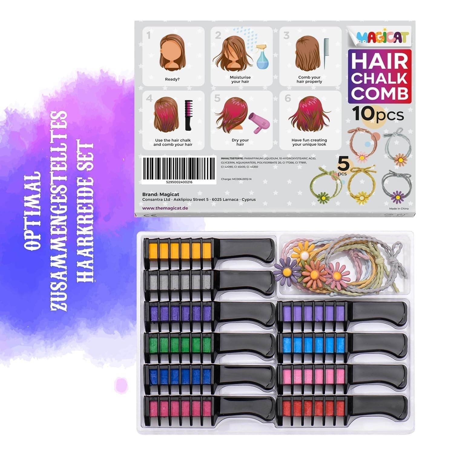 Magicat Hair Chalk for Girls Set I 10 smývatelných barev a 5 vlasových sponek I Dárek pro dívky 4 roky až 10 let I Kreativní dárek pro dětskou narozeninovou párty 2025 I Bezpečné a barevné Naty Shop Hair Dye