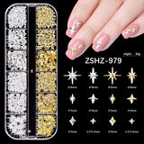 Nail Charms,6 Boxen Gold Silver Nagel Charms 3D Gold Bogen Stern Art Dekoration+6200 Strassstein ​​Bunt Steine ​​​​AB Perlen Diamanten, 3D Legierung Bow Nail Gems Nagel Deko Für Frauen Nagel (6-A)