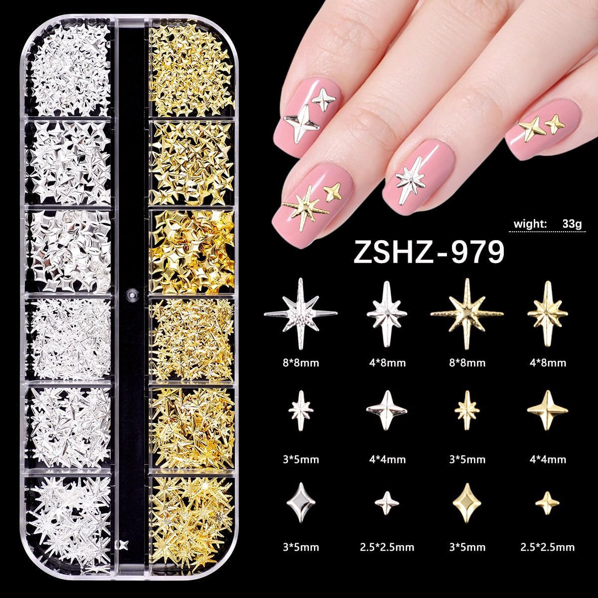 Nail Charms,6 Boxen Gold Silver Nagel Charms 3D Gold Bogen Stern Art Dekoration+6200 Strassstein ​​Bunt Steine ​​​​AB Perlen Diamanten, 3D Legierung Bow Nail Gems Nagel Deko Für Frauen Nagel (6-A)