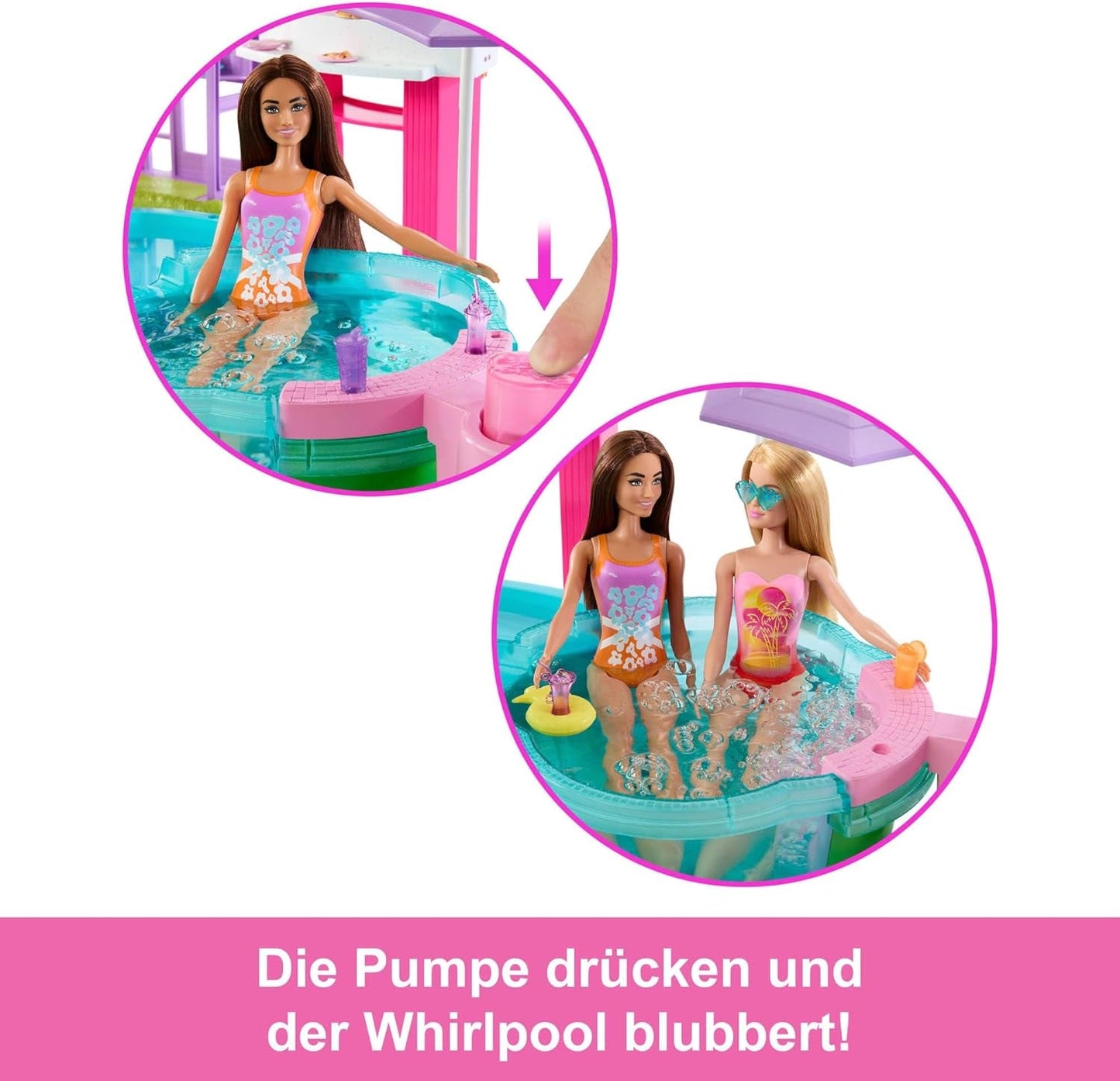 Hrací sada Barbie Dream Pool se šesti hracími plochami včetně skluzavky a jacuzzi, plus více než 20 doplňků, jako je domácí mazlíček, plovací kruhy a další, JKG83
