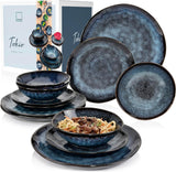SANGER | Tokyo Dinnerware Set 12dílná sada kameninového nádobí pro 4 včetně talířů, dezertních talířů a misek, tmavě modrá s černými akcenty | PRÉMIOVÁ KOLEKCE