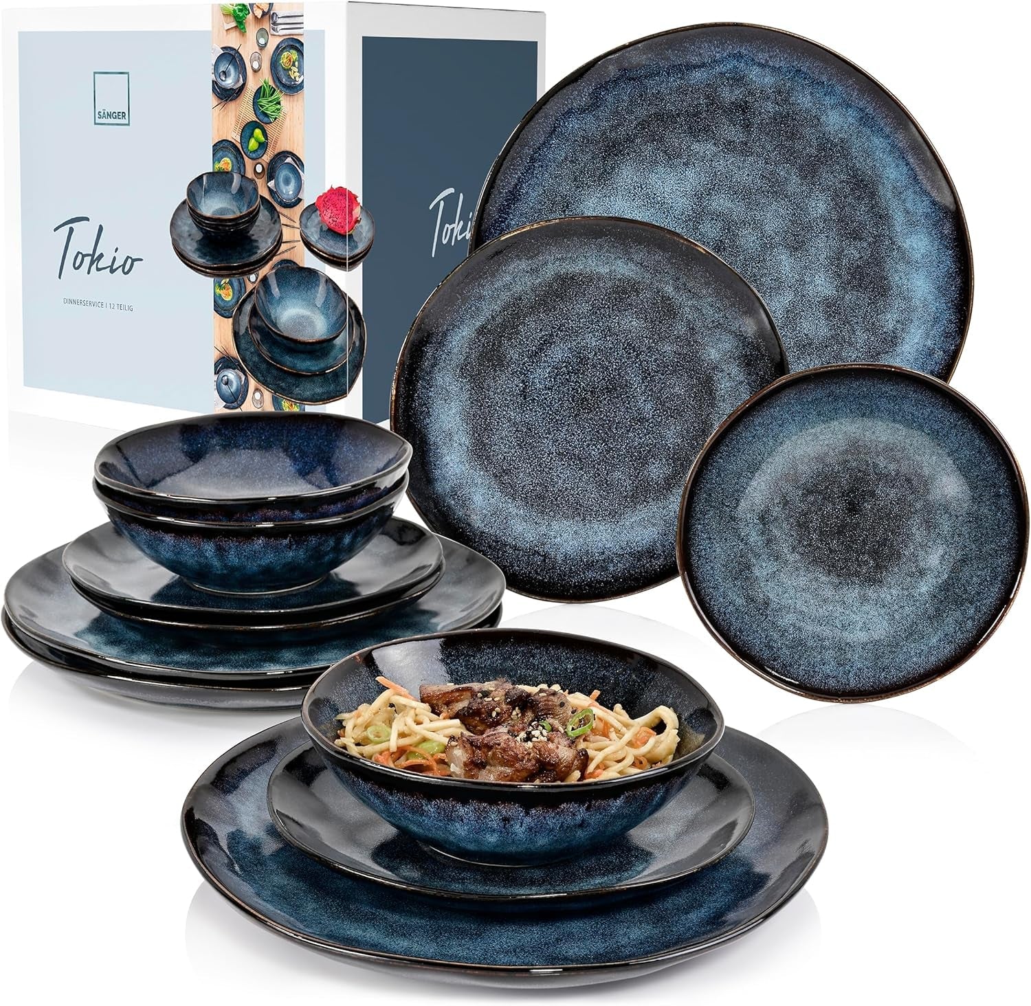 SANGER | Tokyo Dinnerware Set 12dílná sada kameninového nádobí pro 4 včetně talířů, dezertních talířů a misek, tmavě modrá s černými akcenty | PRÉMIOVÁ KOLEKCE