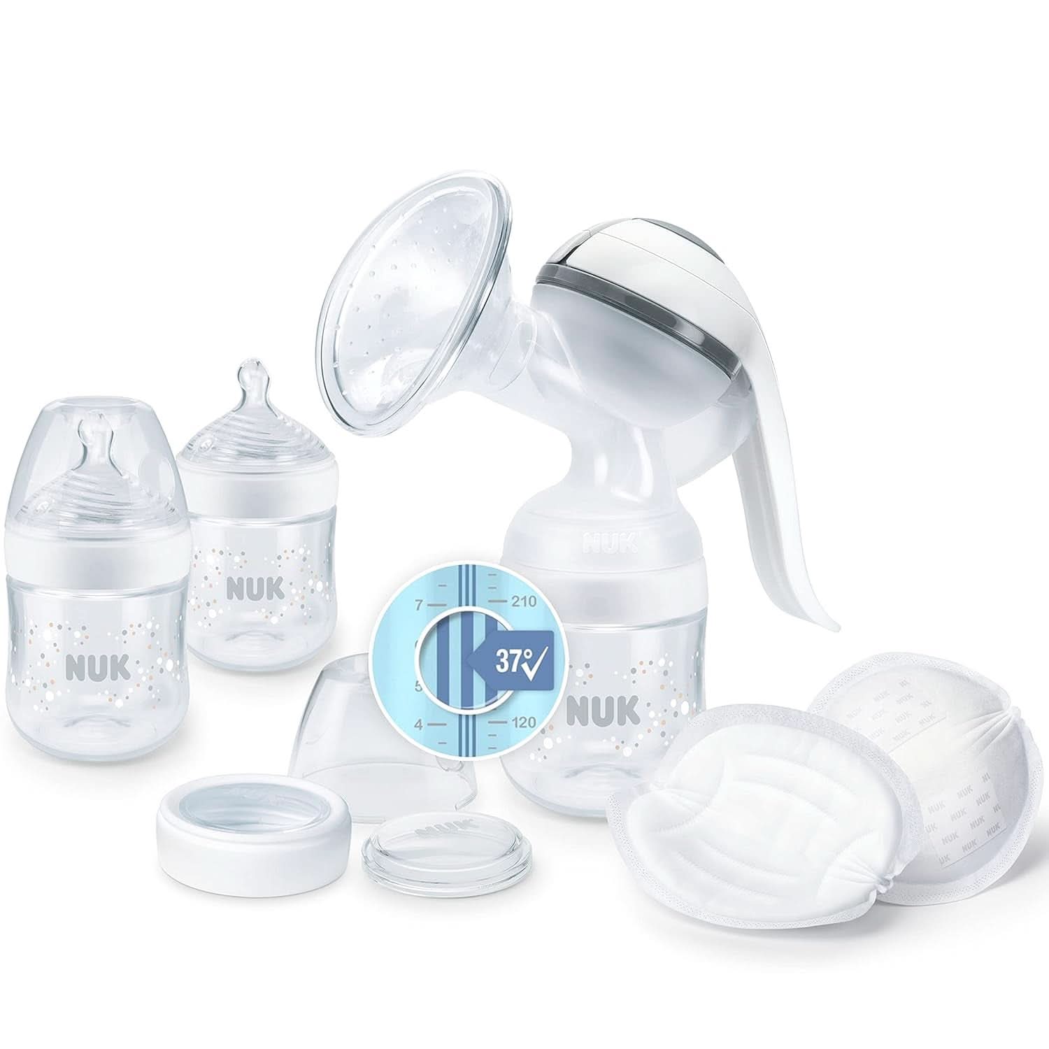 NUK Nature Sense Manuální odsávačka mateřského mléka | Kojící set s manuální odsávačkou mateřského mléka, lahvičkami a podložkami Ultra Dry Comfort | 6 kusů Dětská výživa a příslušenství pro kojení Naty Shop Single S regulací teploty