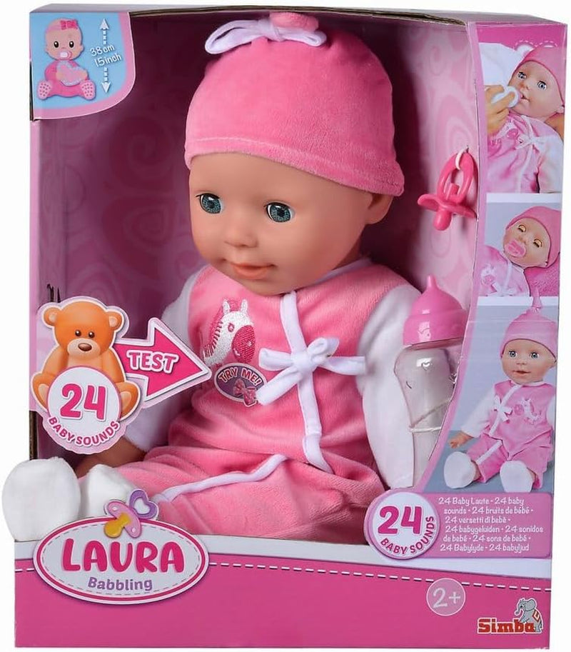 Simba 105140489 - Panenka Laura Baby Talk, 38 cm panenka s měkkým tělem a ospalýma očima v roztomilém overalu, 24 dětských zvuků, panenka na hraní, panenka, věk 2+