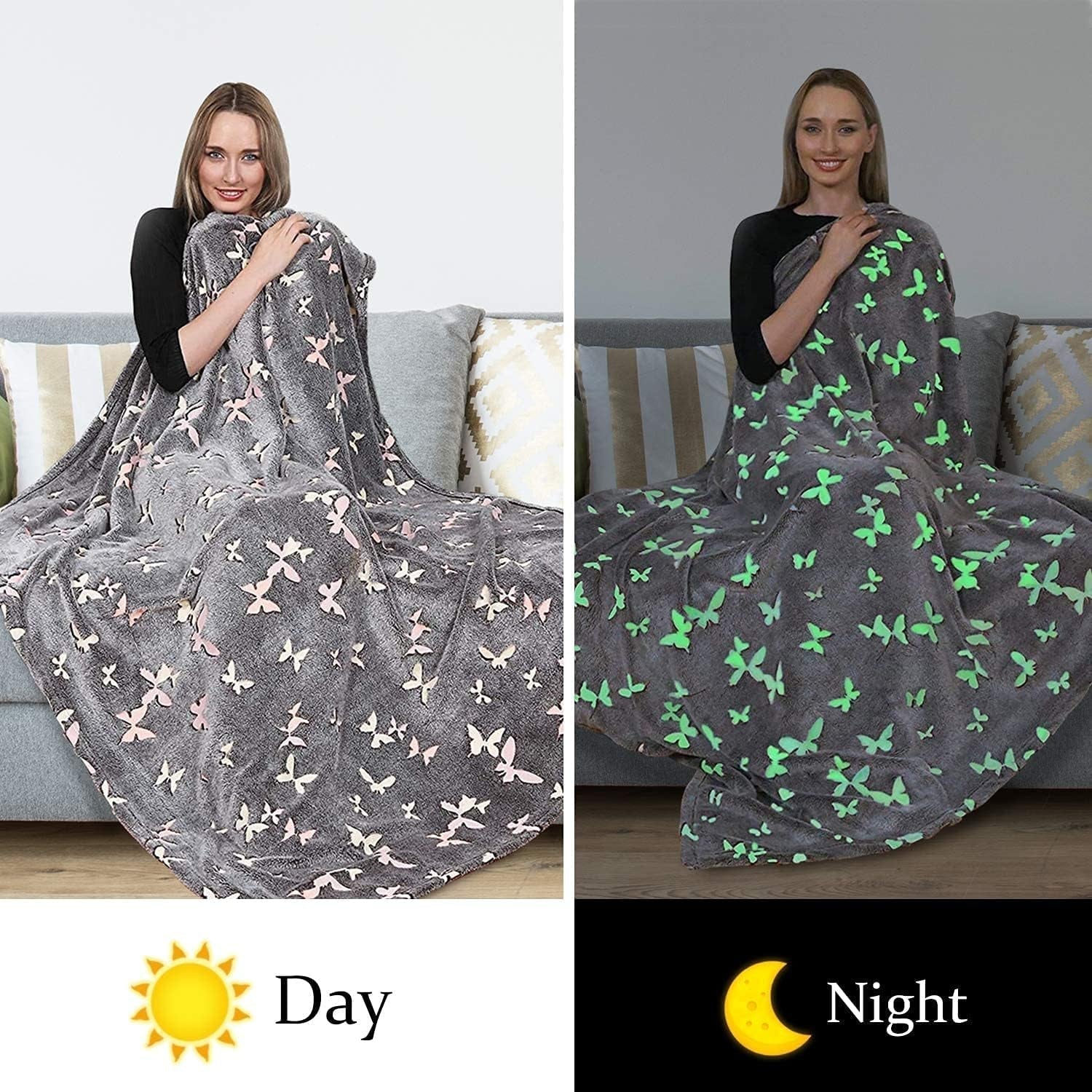 Přehoz na postel Kanguru Glow Glow in the Dark Deka Butterfly Měkká deka 130X150Cm Světelná přehoz na pohovku. Dětská deka Glow in the Dark, šedá Postele a přikrývky Besuche den Kanguru-Store