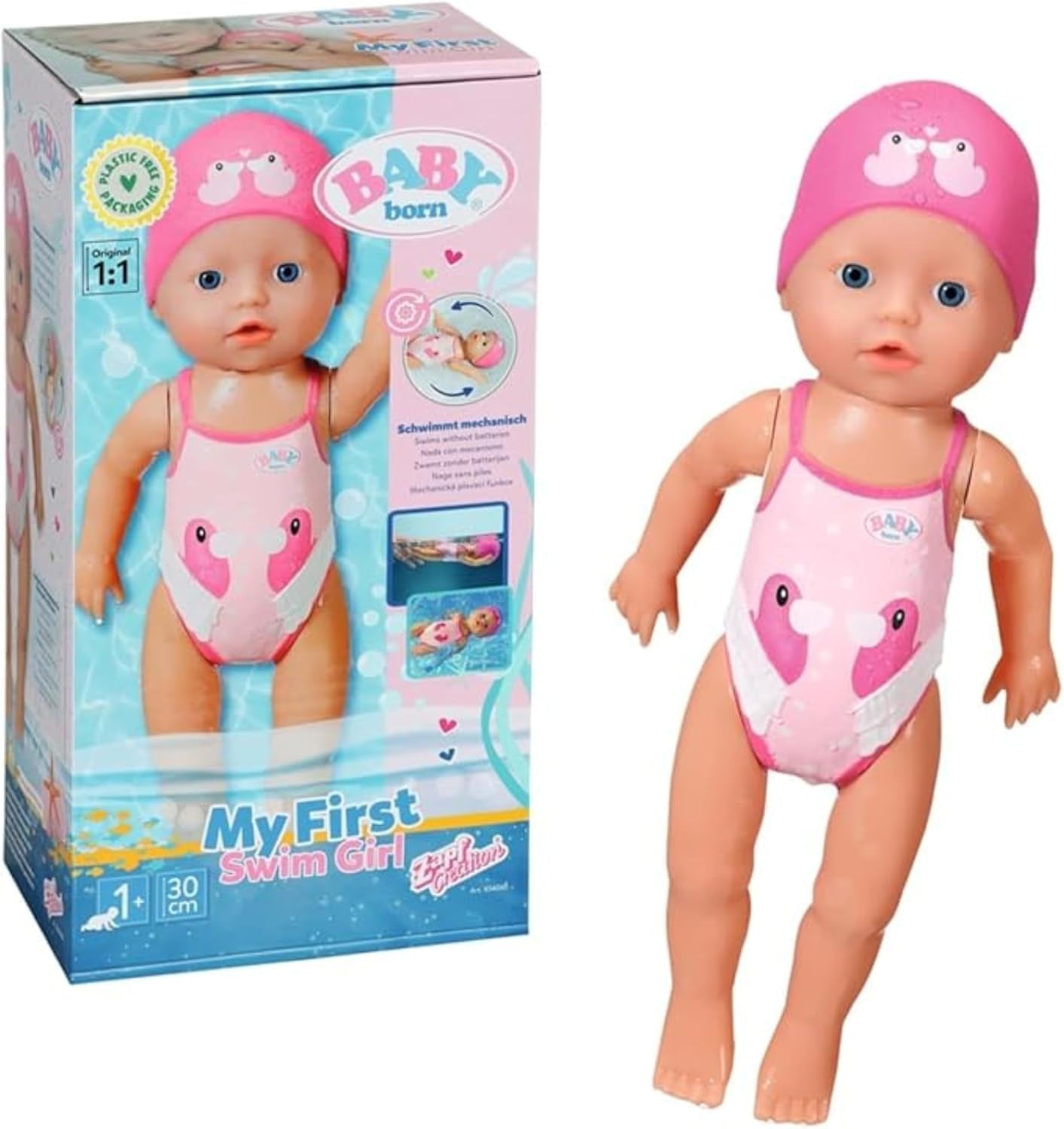 BABY Born My First Swimmer Girl - Panenka 30 cm - Panenka do vany s otočným mechanismem, Vodotěsná - Funguje bez baterií - Vhodné pro děti od 1 roku