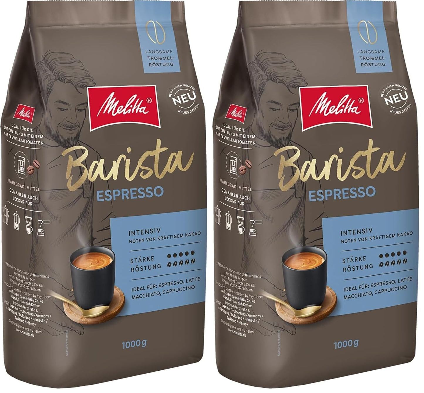 Melitta Barista Classic Espresso, celá kávová zrna 1kg, mletí, kávová zrna pro automatické espresso kávovary, silné pražení, intenzita 5 (balení 2 ks)