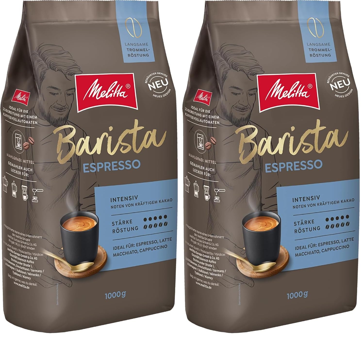 Melitta Barista Classic Espresso, celá kávová zrna 1kg, mletí, kávová zrna pro automatické espresso kávovary, silné pražení, intenzita 5 (balení 2 ks)