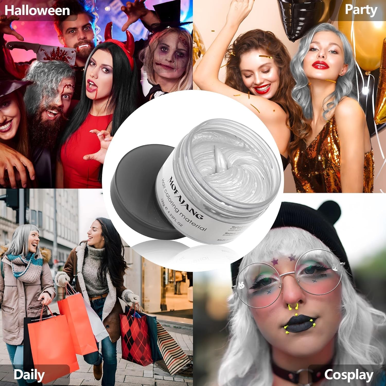 Dočasná barva vlasů, stylingový tón vlasů pro muže, ženy, přírodní pomáda na vlasy, vosk na barvení vlasů pro párty, cosplay a Halloween, 4,23 oz (stříbrně šedá) barva na vlasy Naty Shop