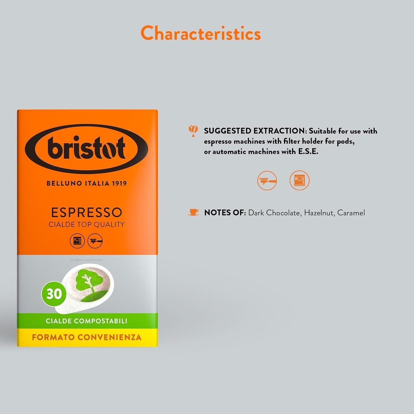 Bristot, 120 Espresso-Kaffeekapseln – eine Mischungen aus Arabica-Kaffee aus Brasilien und Zentralamerika, mit Noten von Zartbitterschokolade, Haselnuss und Caramell – 4 Packungen mit je 30 Kapseln