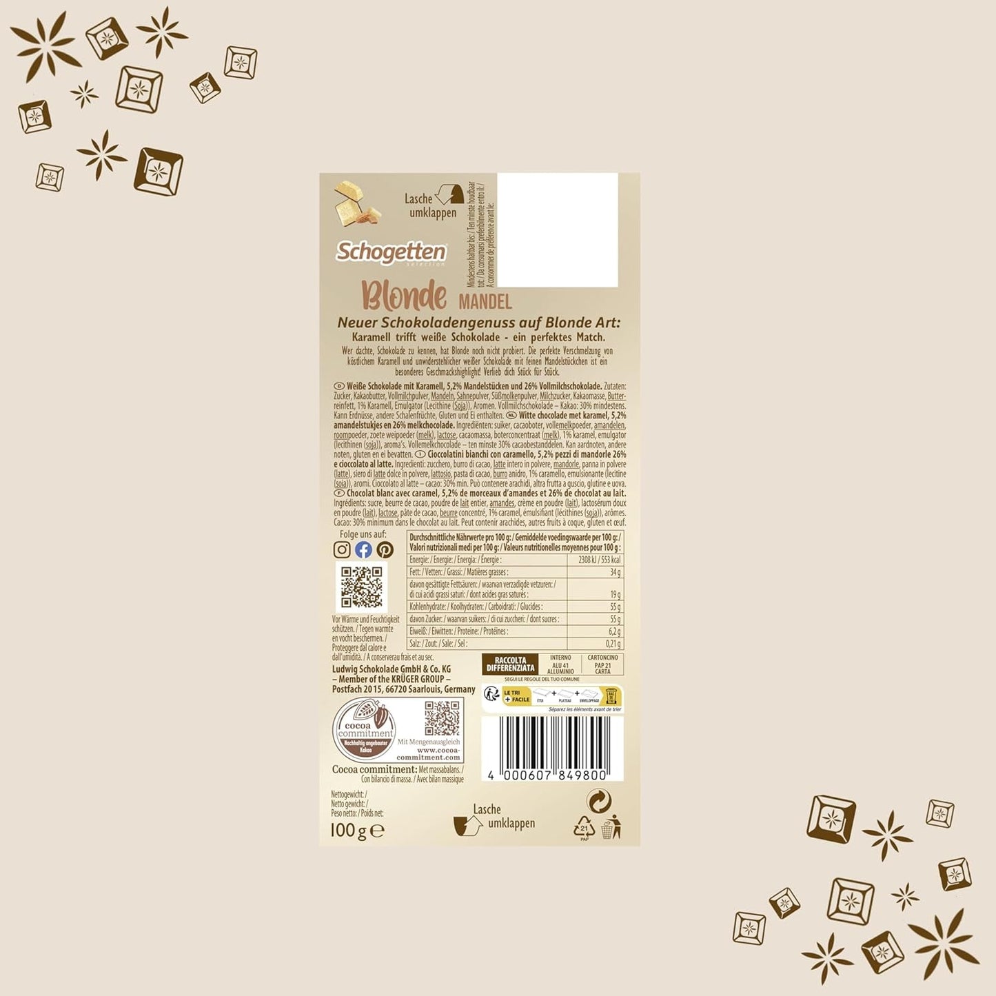 Schogetten Blonde Mandle | Bílá čokoláda s karamelem a kousky mandlí | 100 g | Pohodlně porcované (balení po 2 kusech)
