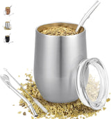 Moderní hrnek Mate 340 ml, sada hrnků Yerba Mate s dvojitou stěnou z nerezové oceli, hrnek na čaj Mate s víčkem bez BPA, bombillas a čisticí kartáček (stříbrný)