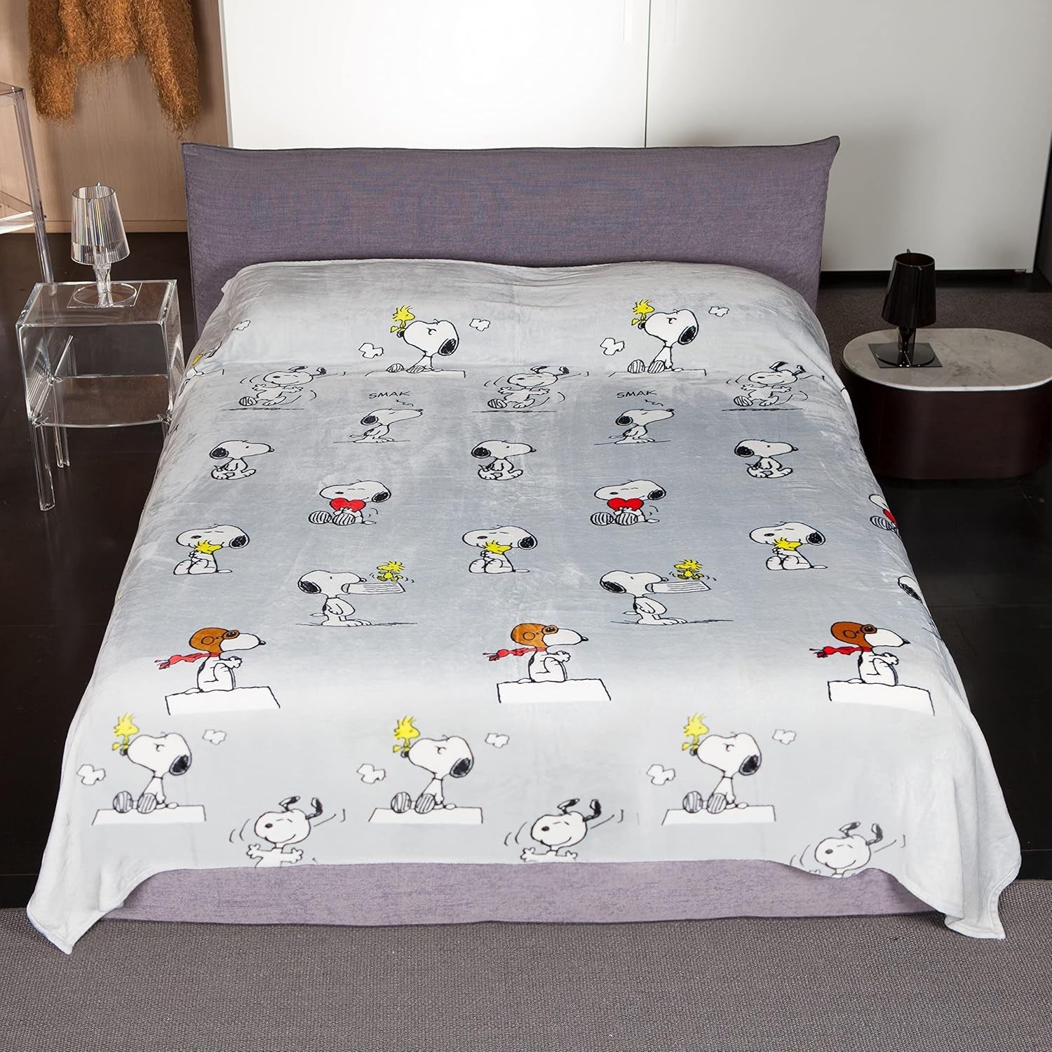 Kanguru Postel, přehoz, fleecová deka na dvojlůžko, deka z mikrovlákna, Snoopy Peanuts ŠEDÁ, 230X230Cm, letní deka, přehoz do ložnice Postele a přikrývky Besuche den Kanguru-Store 230 X 230 manželská postel Snoopy šedá