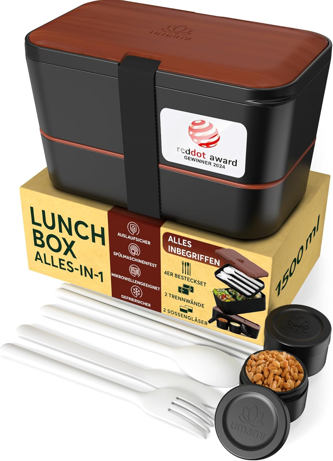 Box na oběd Umami pro dospělé, stohovací Bento Box se 4 příbory a přihrádkami, Box na oběd pro dospělé, Zásobník na saláty, Piknikový / Kancelářský obědový Box, Uhlově šedá, 1500 ml Box na uskladnění potravin Naty Shop Sapele Black L - 1500 ml Stohovatelné uvnitř každého druhého