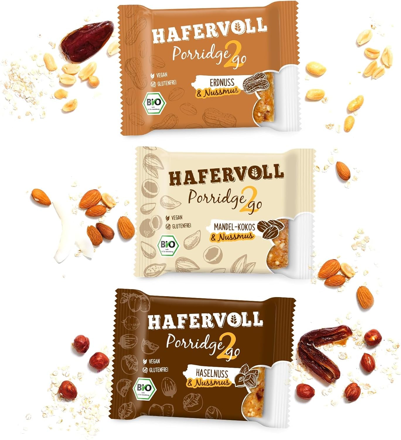Hafervoll Porridge2go Arašídové máslo a ořechy, 13 tyčinek x 55 g – veganské, organické, bezlepkové, bez přidaného cukru přesnídávka, s ovesem, datlemi a quinoa cukrovinkami
