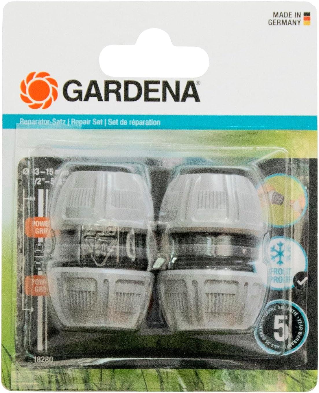 Sada spojek Gardena: Hadicová spojka pro prodloužení o 13 mm (1/2 palce) a 15 mm (5/8 palce) i při vysokém tlaku vody, snadná montáž (18283-20)