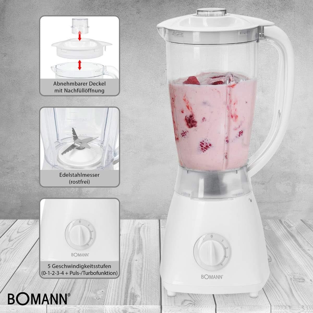 Bomann 378 CB Universalmixer Zum Pürieren, Schlagen, Zerkleinern, Shaken Und Mixen, Ice Crush-Funktion, Kraftvoller 500 Watt-Motor, Abnehmbarer Mixbehälter Mit 1,5 l, Edelstahlmesser, Weiß, UM 378 CB Kitchen Naty Shop