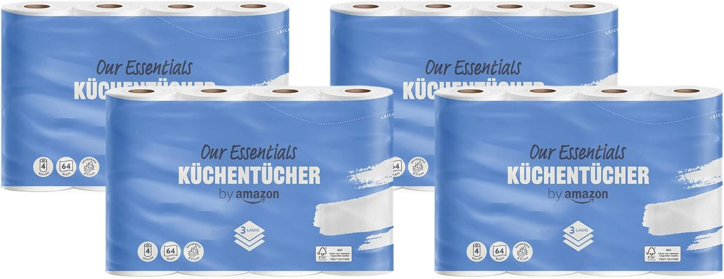 Od Amazon Kitchen Roll, 3 vrstvy, 16 rolí (4 role, balení po 4), 64 listů na roli, certifikace Fsc