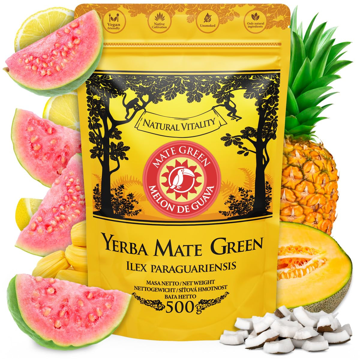 Yerba Melon De Guava 500G – brazilský čaj Yerba maté s melounem, guavou, jackfruitem, ananasem a kokosem – exotický a ovocný – sušený na vzduchu, vegan