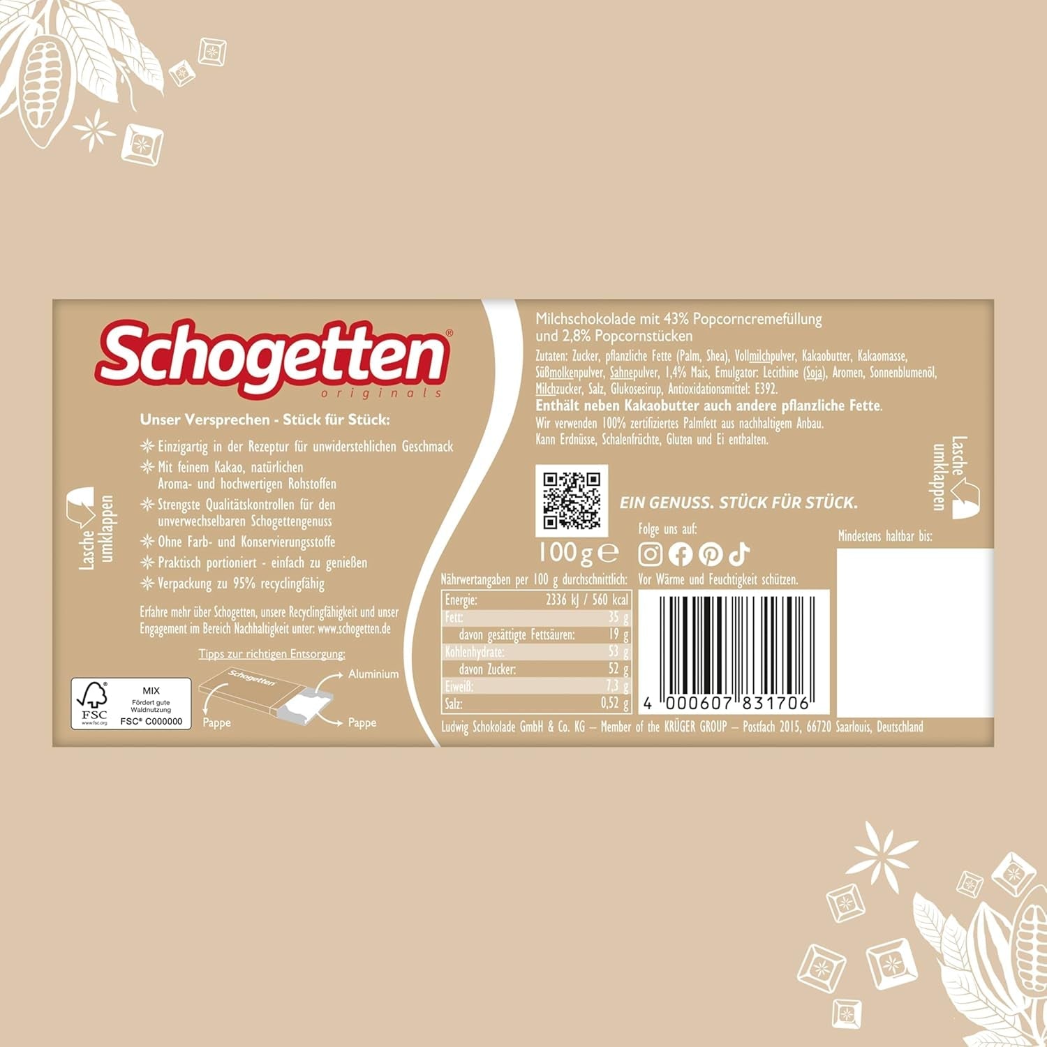 Schogetten popcorn 1 čokoláda x 100g, mléčná čokoláda s popcornem a kousky kukuřice, praktické jednotlivé kousky. Delikatesa. Kousek po kousku.