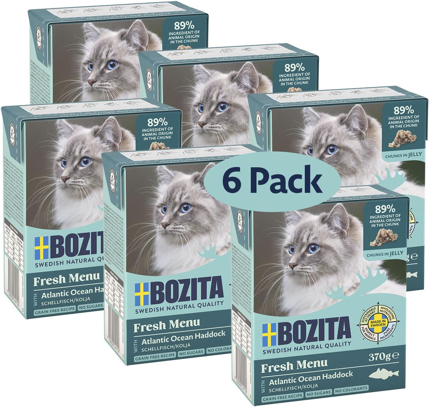 Mokré krmivo Bozita Tetra s treskou v želé - 6 x 370 g bez obilovin, bez přidaného cukru a bez GMO krmiva pro kočky - vyvážené, lahodné, se 7,5 % bílkovin a 5 % tuku