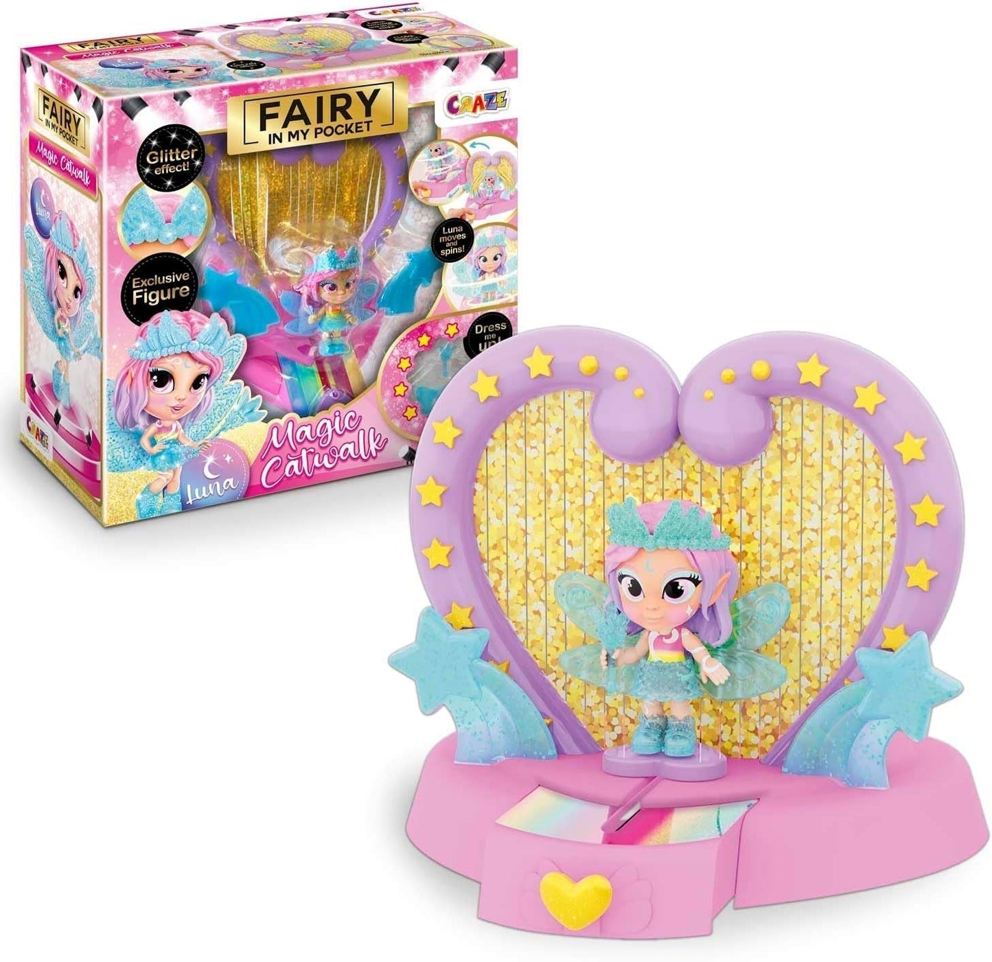 CRAZE Fairy in My Pocket | Pohádková panenka s křídly, sběratelská pohádková hračka se speciálními efekty, jako je třpyt, záře ve tmě a změna barvy Dolls Naty Shop Fairy Magic Catwalk