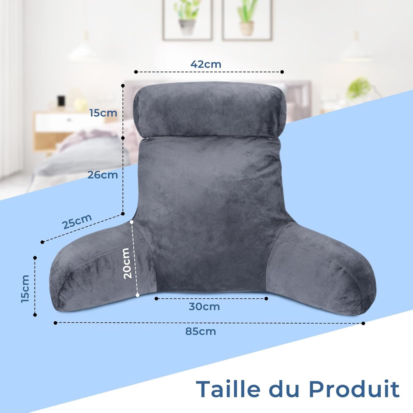 INFANZIA ergonomický polštář na čtení s područkami, opěrka zad z paměťové pěny, šedá, M