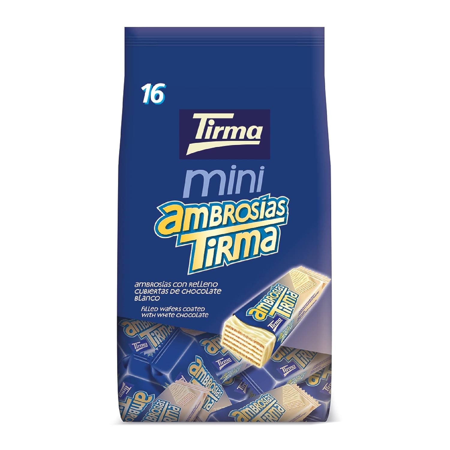 Tirma Mini bílé čokoládové oplatky | (16 jednotek x 13,5g), 216g | Jemná krémová náplň | Bez GMO | Vhodné pro vegetariány | Jednotlivě balené | Balená svačina