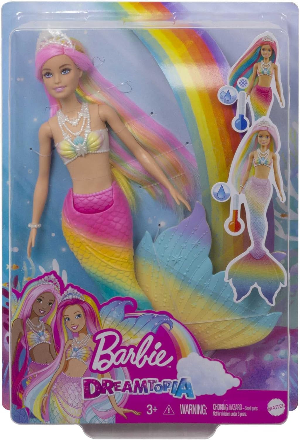 Barbie Dreamtopia Duhová kouzelná mořská panna, mořská panna Barbie s duhovými vlasy, vodou aktivovaná panenka měnící barvu, 3 roky stará hračka, dárek pro dívky, panenky Naty Shop GTF89