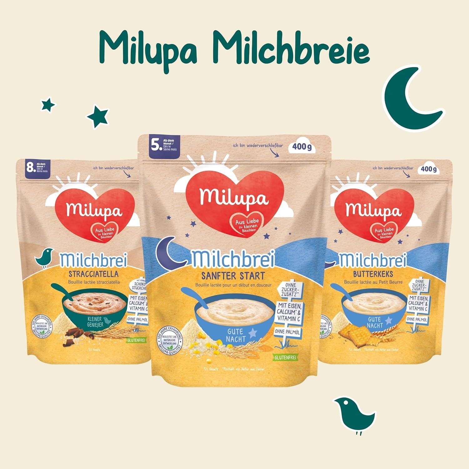 Mléčná kaše Milupa Gentle Start - Cereálie pro kojence bez lepku, bez palmového oleje - Bez konzervantů a barviv - Od 5 měsíců - 4 x 400 g