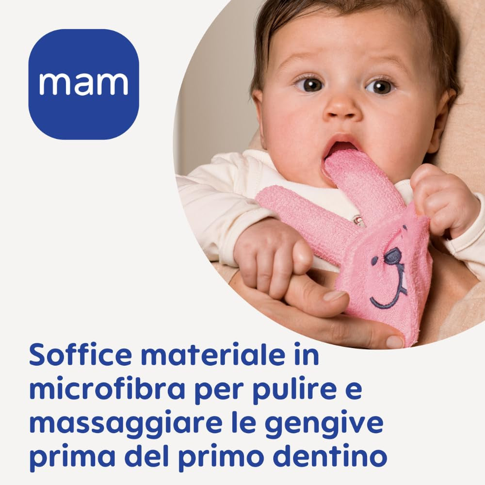 MAM Králičí kousací kroužek, ústní rukavice z mikrovlákna, 0+ měsíců, růžová