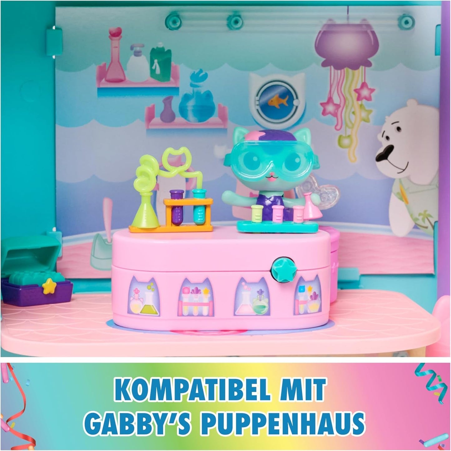 DREAMWORKS GABBY DOLLS HOUSE - Balíček nábytku Meerkätzchen Bobble Kitty, figurka kočky s nábytkem a doplňky do domečku pro panenky, věk 3+