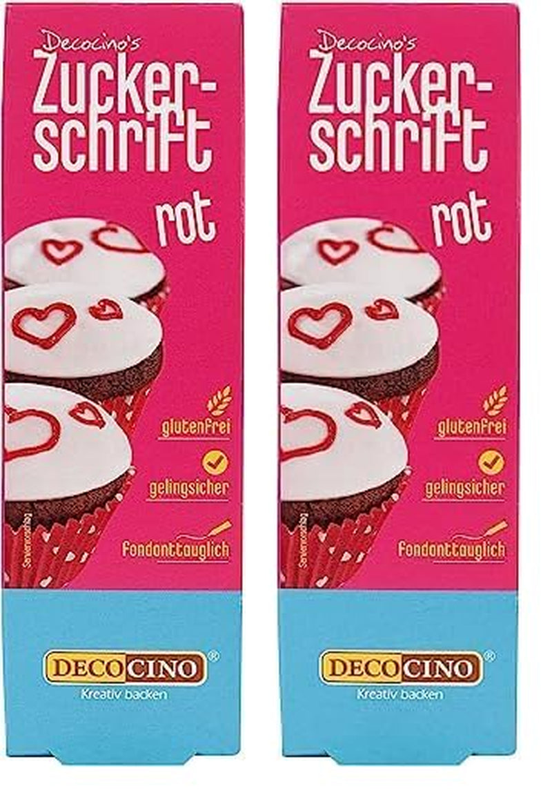 Nápisy s červeným cukrem Decocino - Nápisy potravinářské barvy - Praktická tuba na etiketování fondánu a polevy - Pečicí ozdoby na dorty, dorty a cupcaky! (balení 2 ks)