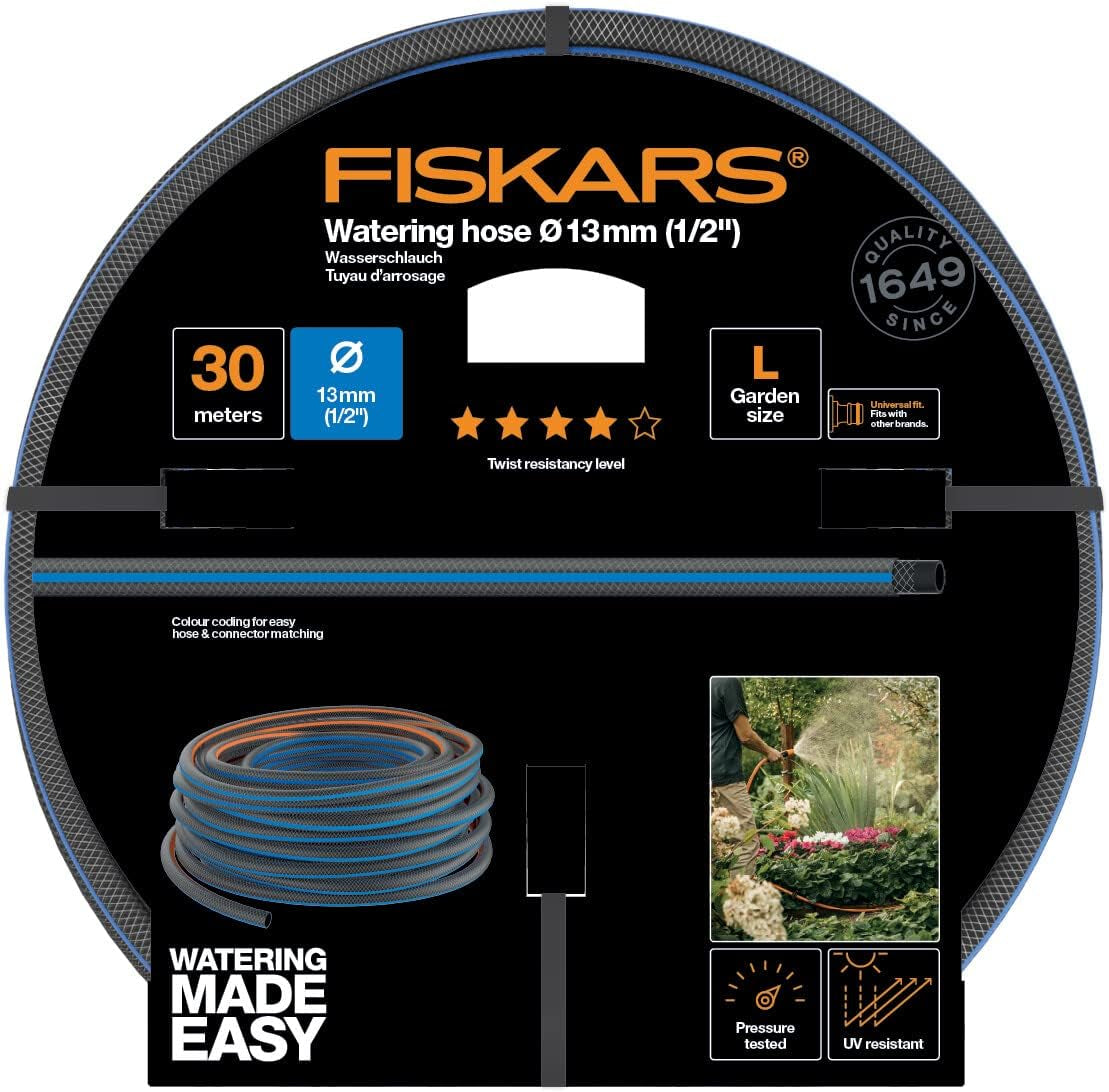 Fiskars L vodní hadice, UV ochrana, tlakově testováno, stupeň torzní tuhosti 4 (z 5), 30 m, Ø 1,3 cm (1/2"), 4,2 kg, černá/oranžová/modrá, 1027105