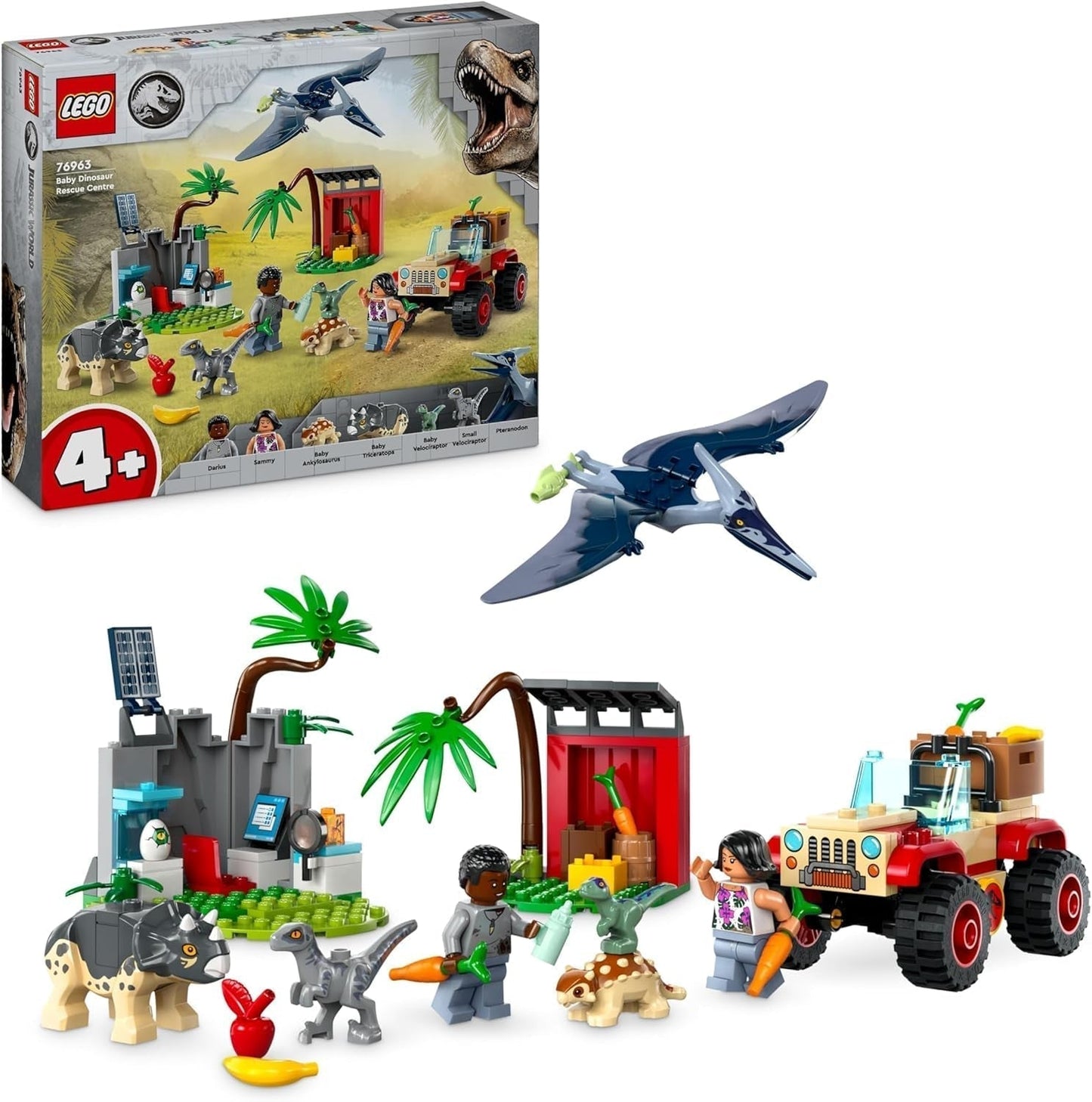 LEGO Jurassic World Rescue Center for Baby Dinosaurs Sada s malými figurkami dinosaurů včetně Triceratopse, Ankylosaura a Velociraptora Dárek na stavbu pro chlapce a dívky 4 roky staré 76963 Stavebnice Besuche den LEGO-Store Singur