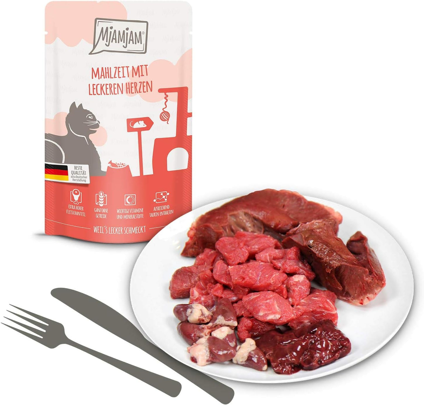 MjAMjAM - prémiové mokré krmivo pro kočky - smíšené balení I - kuře, hovězí maso, srdíčka 12 balení (12 x 125 g), bez obilovin s extra masem