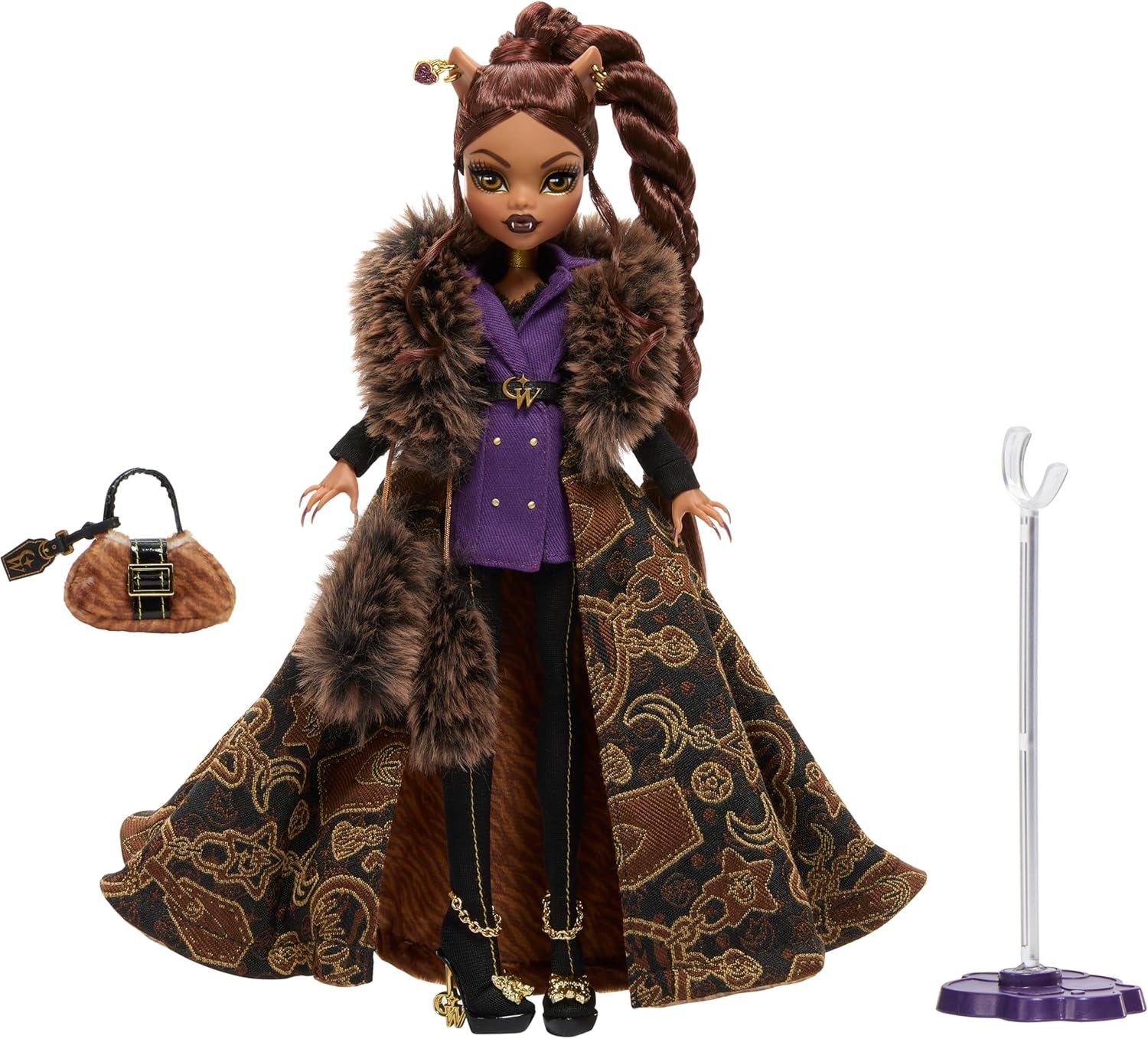 Panenka Monster High Dům vlků Clawdeen Wolf Sběratelská figurka s umělou kožešinou Žakárový kabát Purpurová bunda Šaty Zlaté Kalhoty a doplňky JDR66