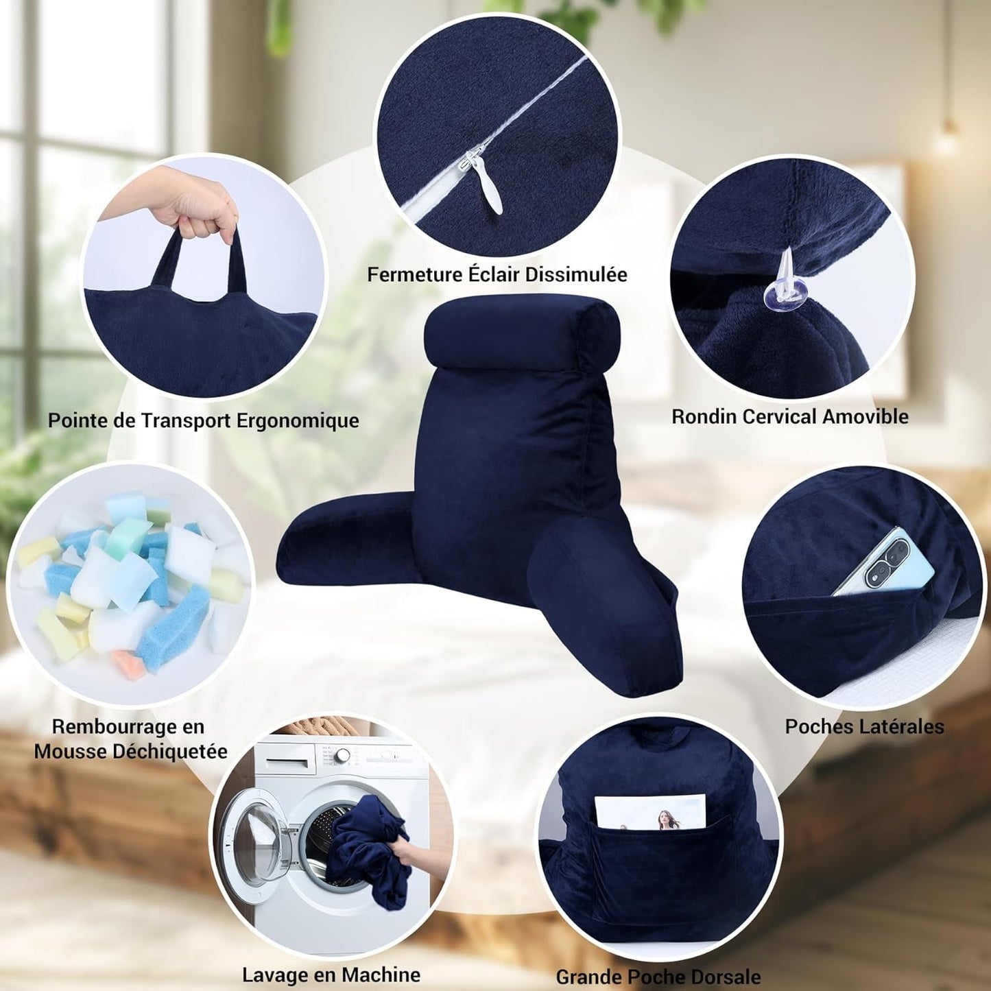 Polštář na čtení INFANZIA s područkami, paměťová pěna, ergonomická podpěra pohovky a postele, tmavě modrá