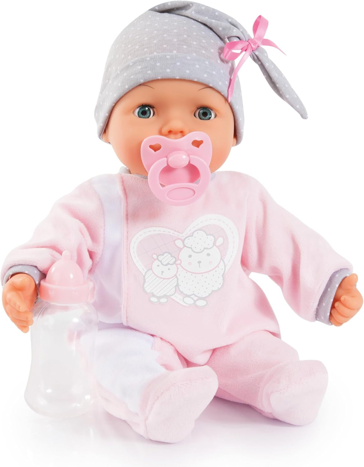 Bayer Design 93829AA Interaktivní panenka My Piccolina s funkcí, Mluvící panenka, Pohybuje ústy, 38 cm, Dudlík, Dětská lahvička, Růžová, Šedá