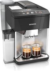 Siemens EQ500 plně automatický espresso kávovar TQ513D01, mnoho kávových specialit, napěňovač mléka, integrovaný zásobník na mléko, automatické čištění párou, 1500 W, přírodní světlá stříbrná/klavírní černá
