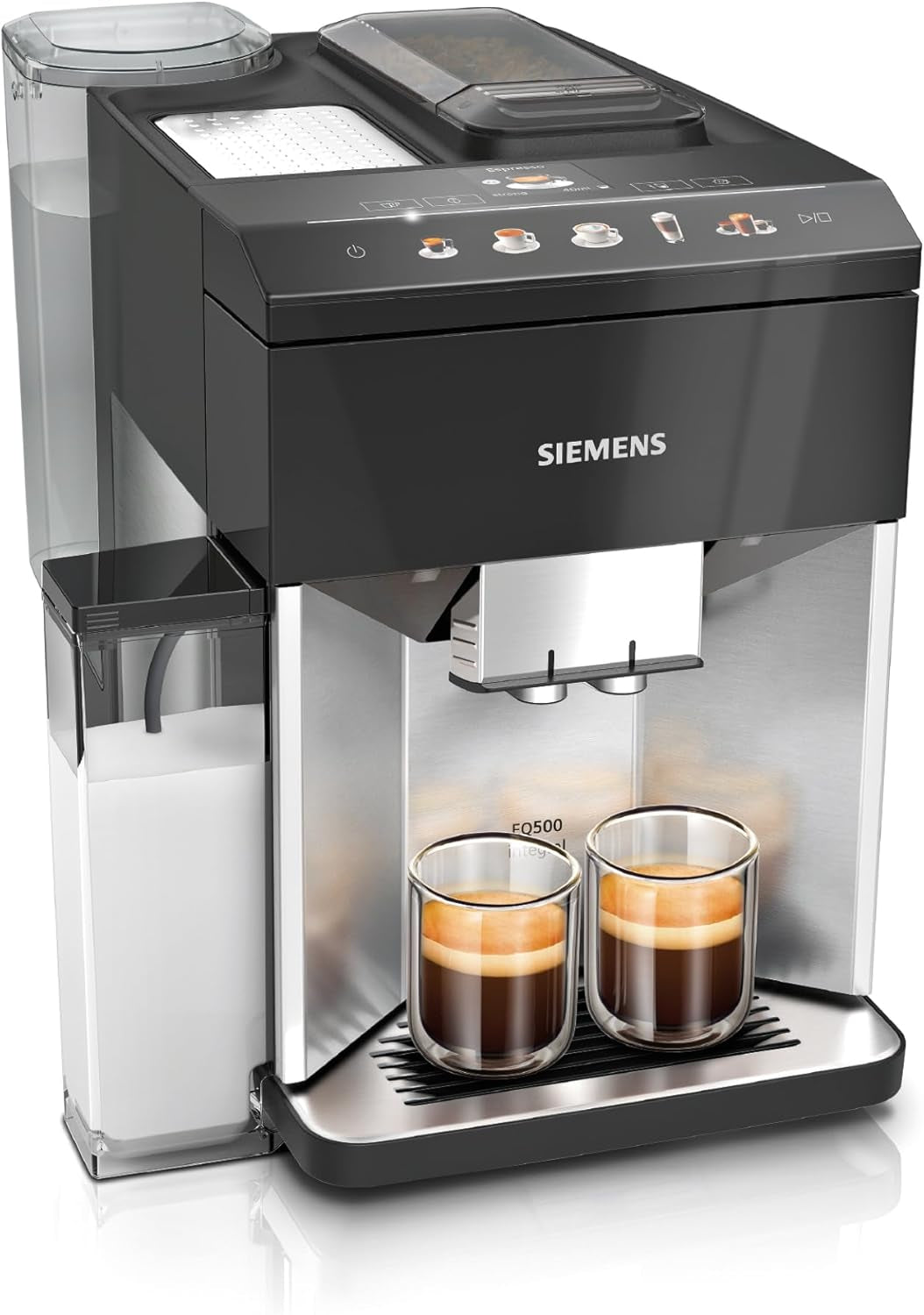 Siemens EQ500 plně automatický espresso kávovar TQ513D01, mnoho kávových specialit, napěňovač mléka, integrovaný zásobník na mléko, automatické čištění párou, 1500 W, přírodní světlá stříbrná/klavírní černá