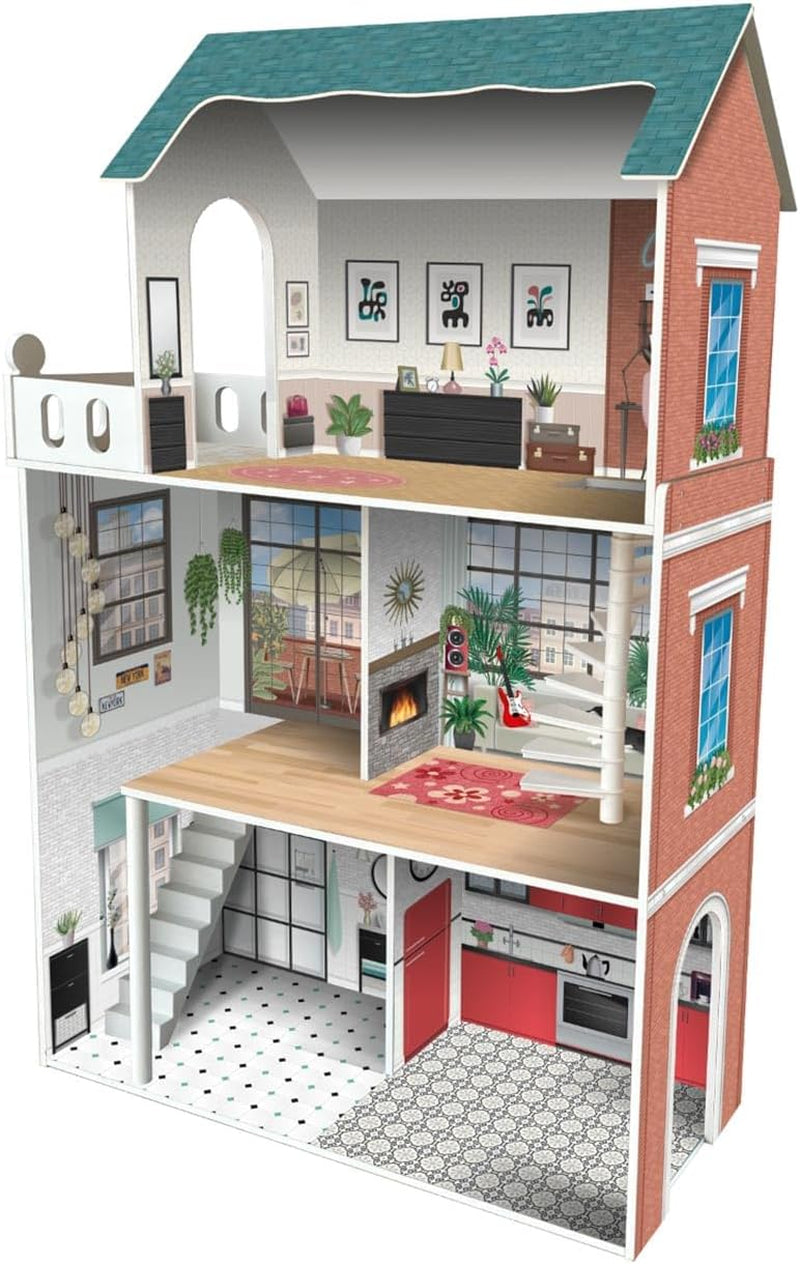 Soho-Madera designový 3patrový domeček pro panenky s 8 kusy nábytku, rozměry 120 x 33 x 75 cm (913D00181)