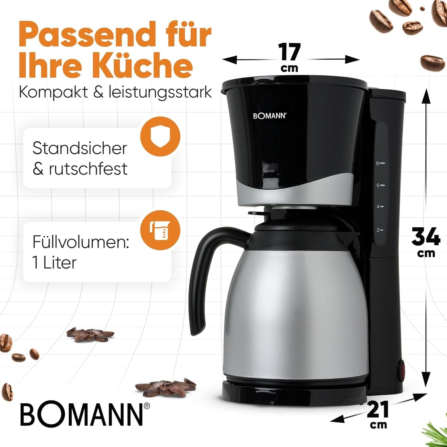 Kávovar Bomann® s termoskou | na 8-10 šálků kávy | bez teplotních ztrát | kávovar s filtrem | 1 litr | Espresso | Filtrační kávovar s termoskou | KA 168 černá