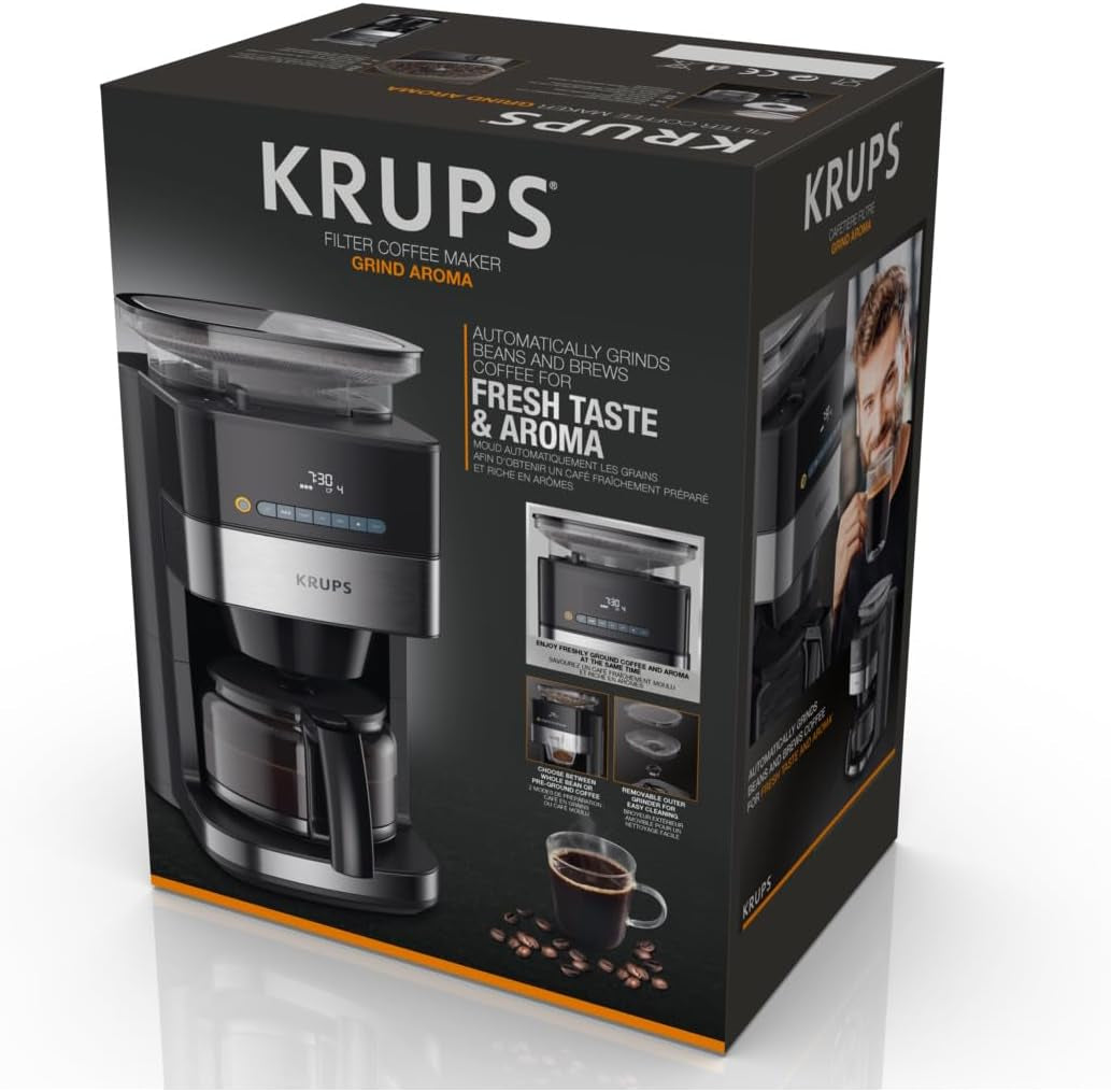 Krups Espresso kávovar KM8328 mletí s mlýnkem | 24hodinový časovač | Nádoba na obilí 180 g | Kapacita 1,25 l až pro 15 šálků kávy | Funkce automatického vypnutí | 3 nastavení mletí | Černý