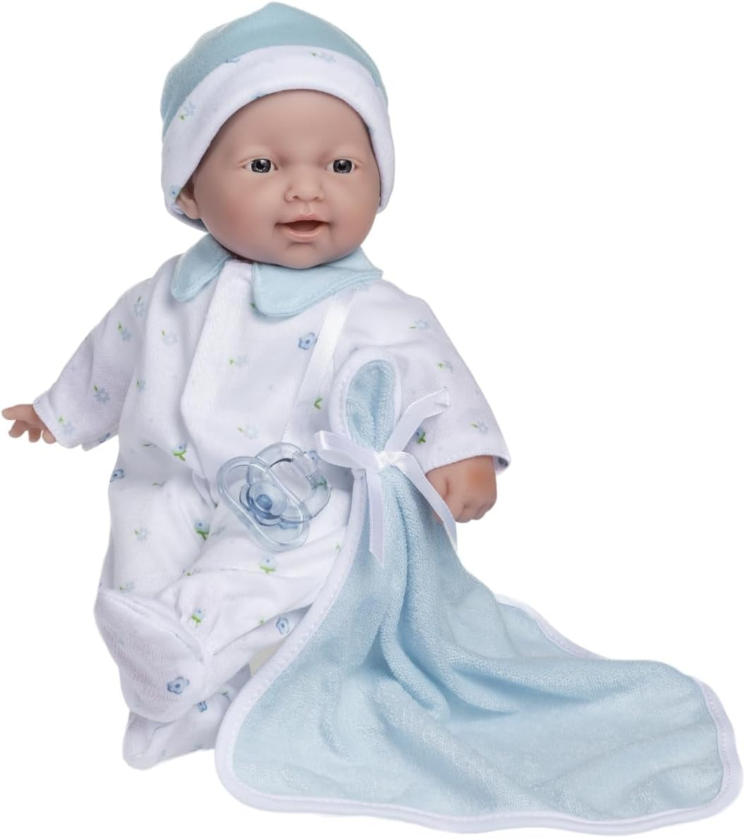 Sada kavkazských panenek JC Toys La Baby - 28 cm měkká omyvatelná panenka, odnímatelný růžový outfit s čepicí, dekou a dudlíkem, pro 12 měsíců a více Naty Shop Dolls Single kavkazská, modrá