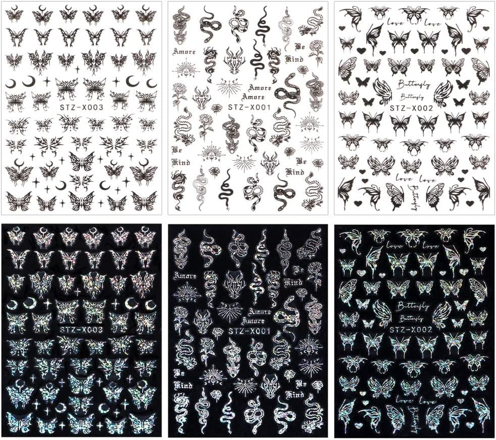 6 Blatt Schmetterling Samolepka na nehty Selbstklebend Laser Stříbrná Schmetterlings Nagelaufkleber 3D Aurora Stříbrná Schwarz Schmetterlinge Samolepky na nehty Frühling Nageldesign Samolepka na nehty Nail Art Zubehör