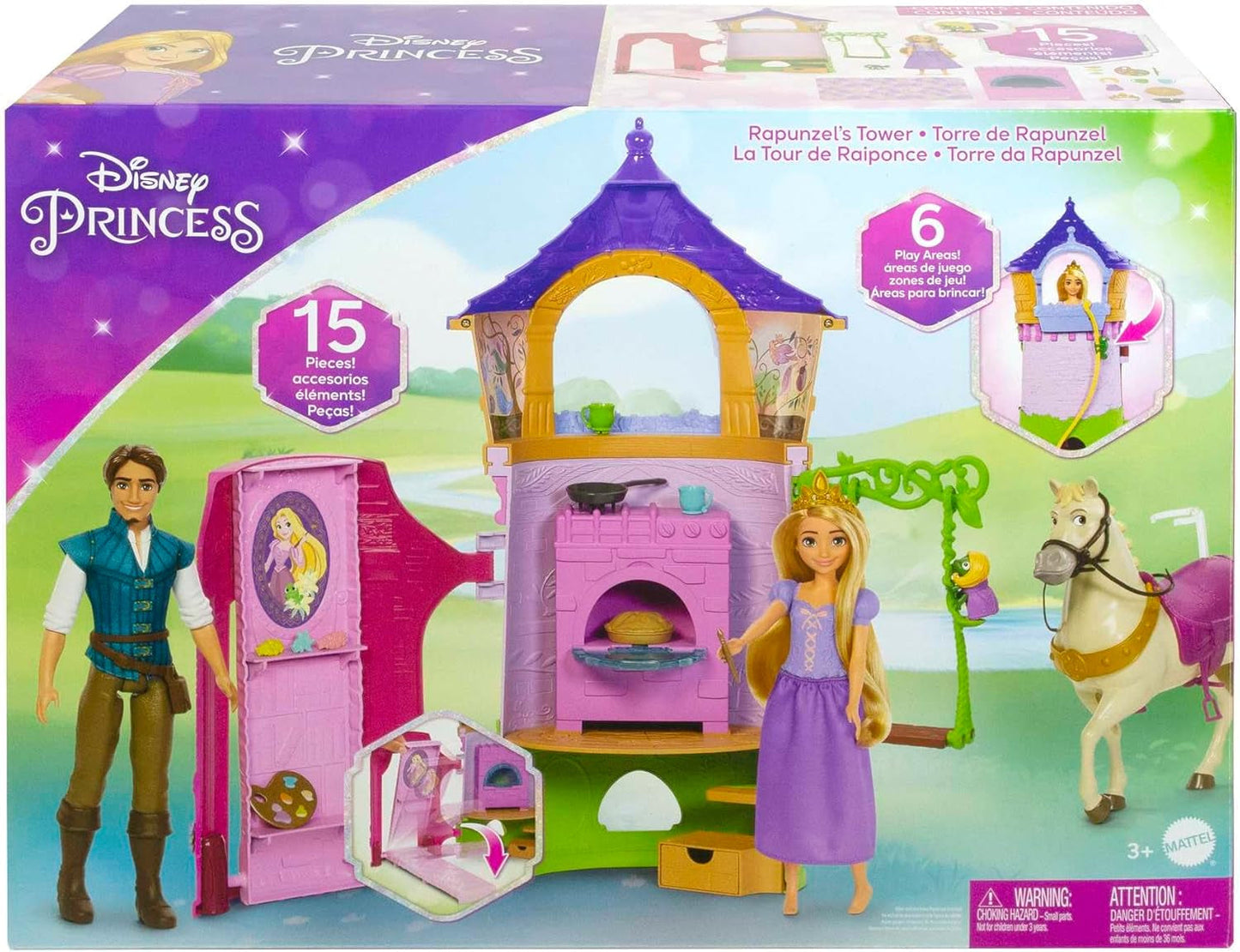 Disney Princess HMV99 - Rapunzel pohyblivá panenka a věž na hraní se zábavou všude kolem, 6 herních oblastí a 15 doplňků, inspirováno filmem Disney, hračky pro 3leté panenky Naty Shop Dolls
