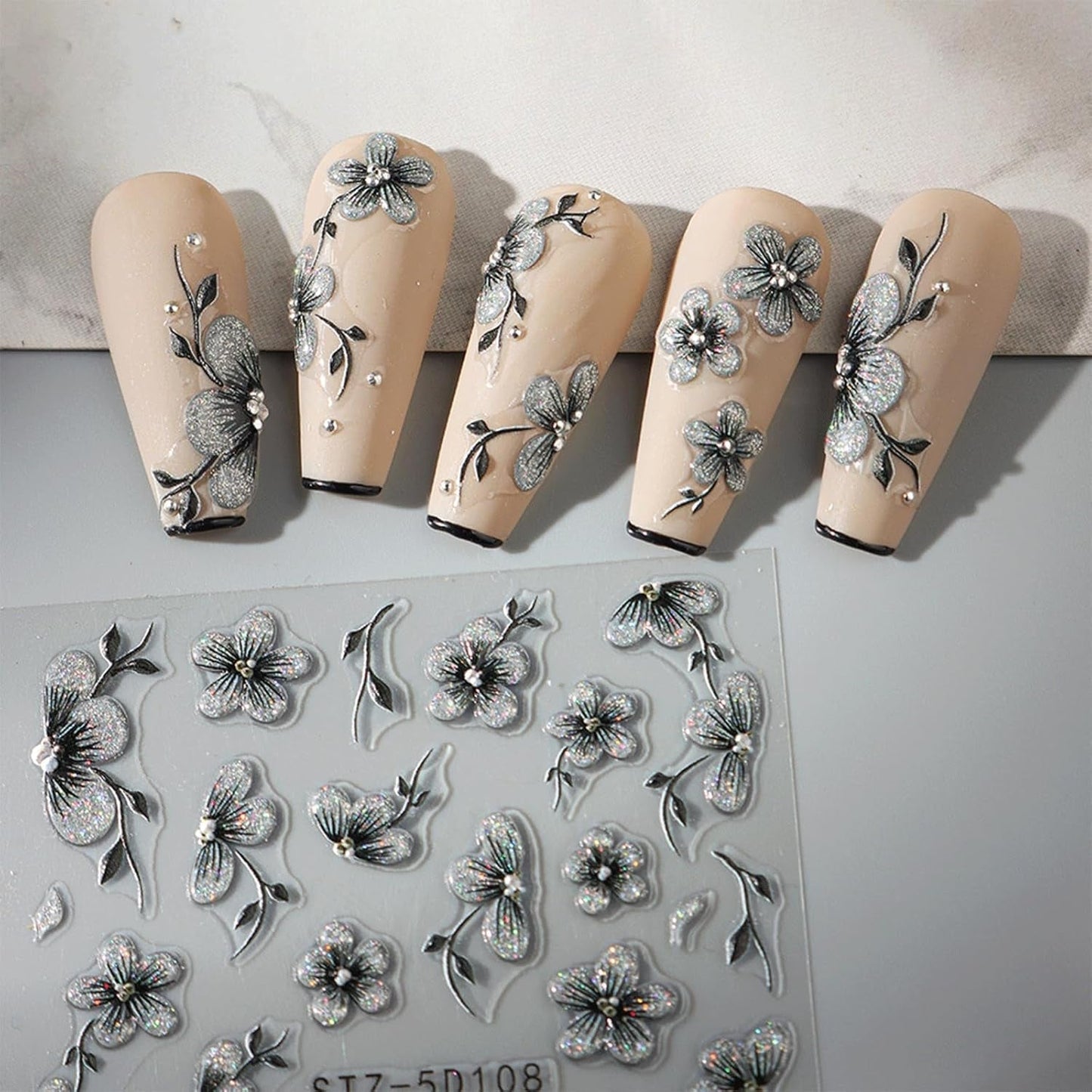 JMEOWIO 6 Blatt 3D Nálepka na nehty Blumen Nálepka na nehty Selbstklebend Nagelaufkleber 5D Stereoskopické Frühling Letní Blumen Dekorace Nageldesign Zubehör